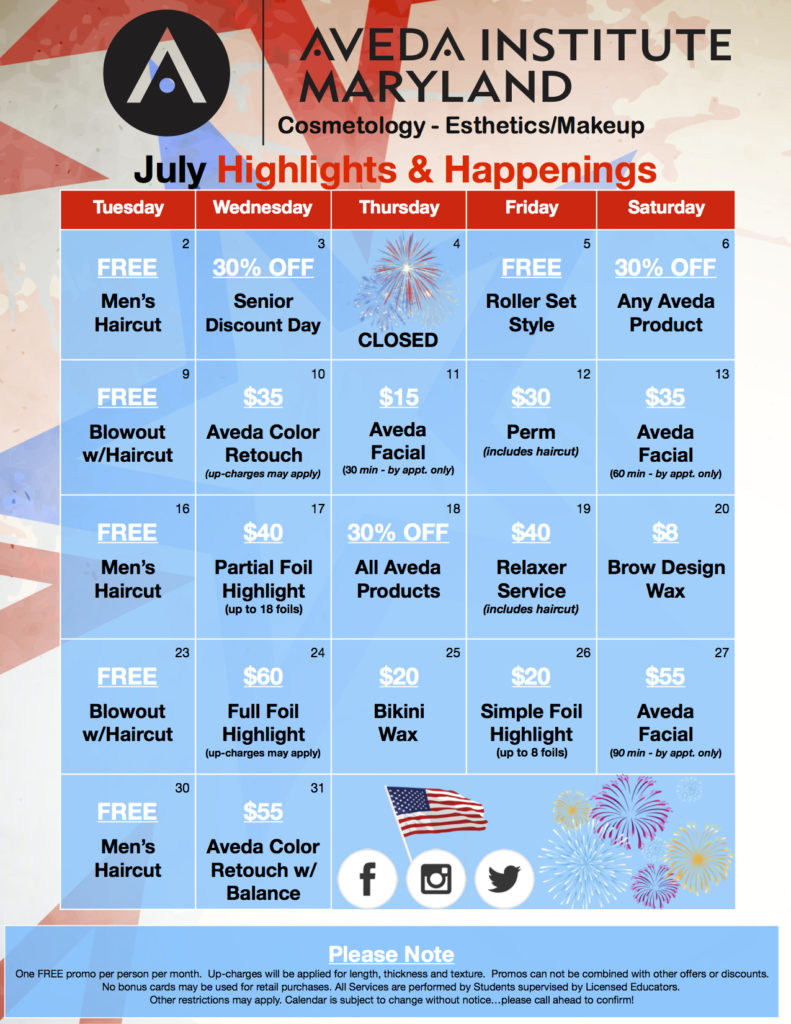 July Calendar 2019 Aveda Institute Maryland